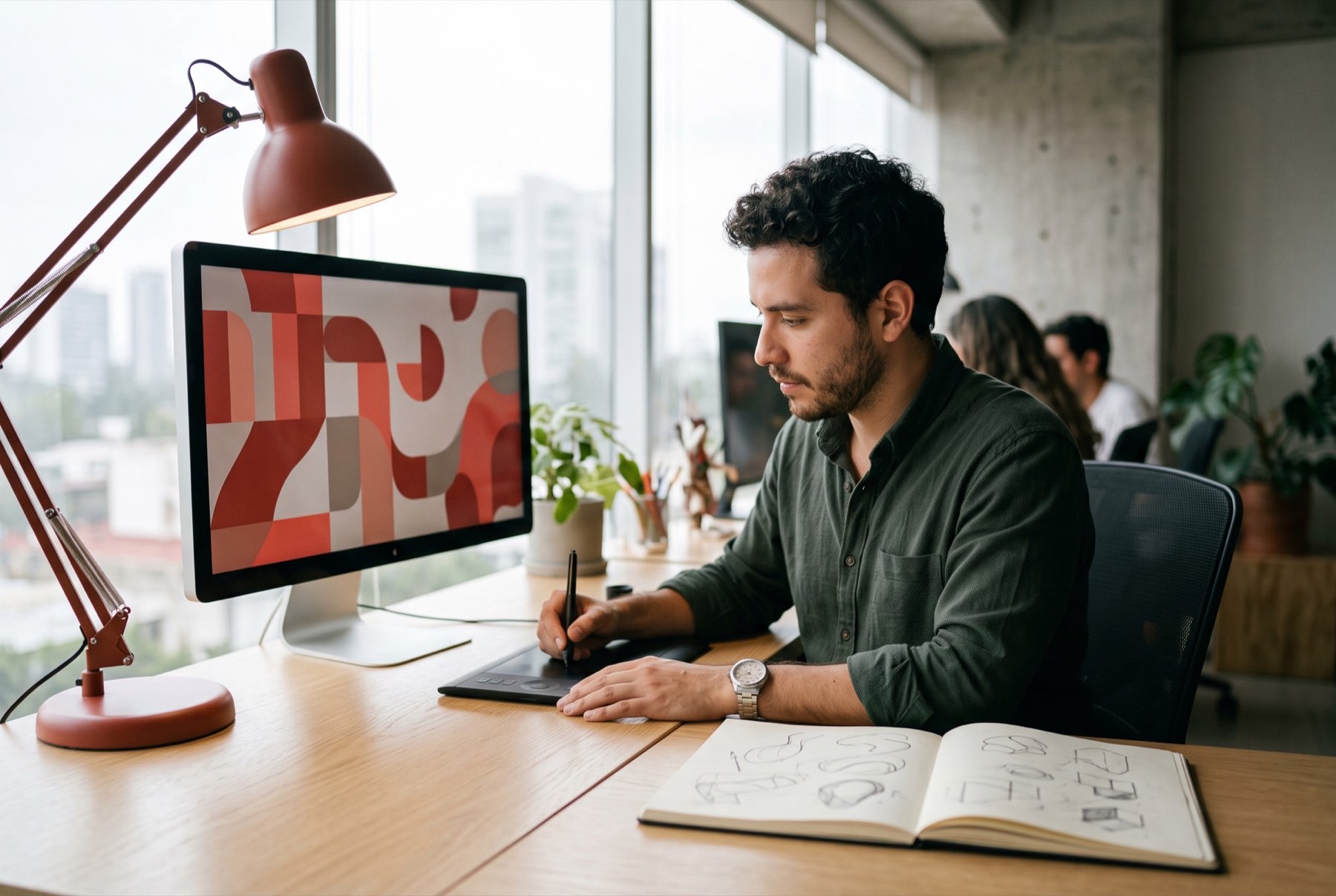 Diseñador trabaja con tableta gráfica frente a un monitor con composiciones abstractas.