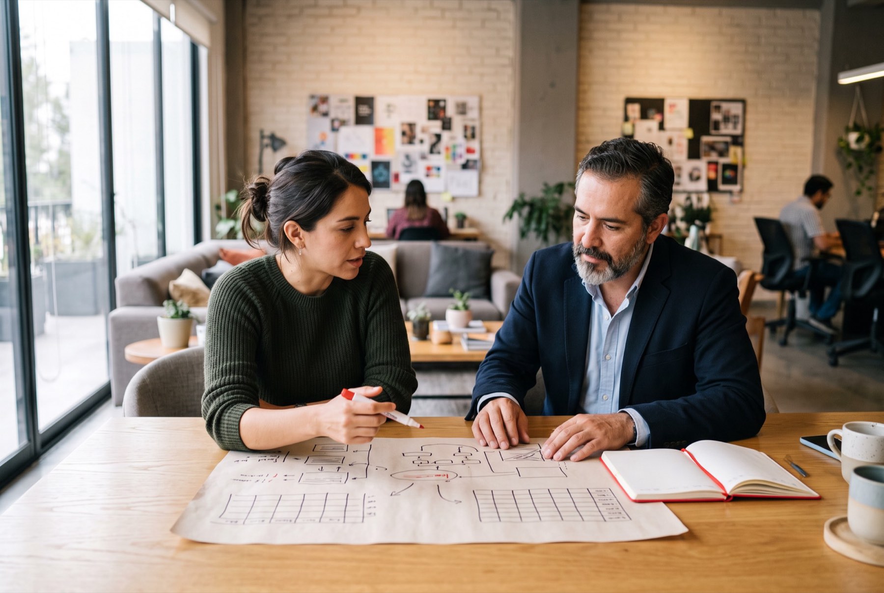 Dos consultores revisan diagramas de un plan comercial sobre una mesa de trabajo.