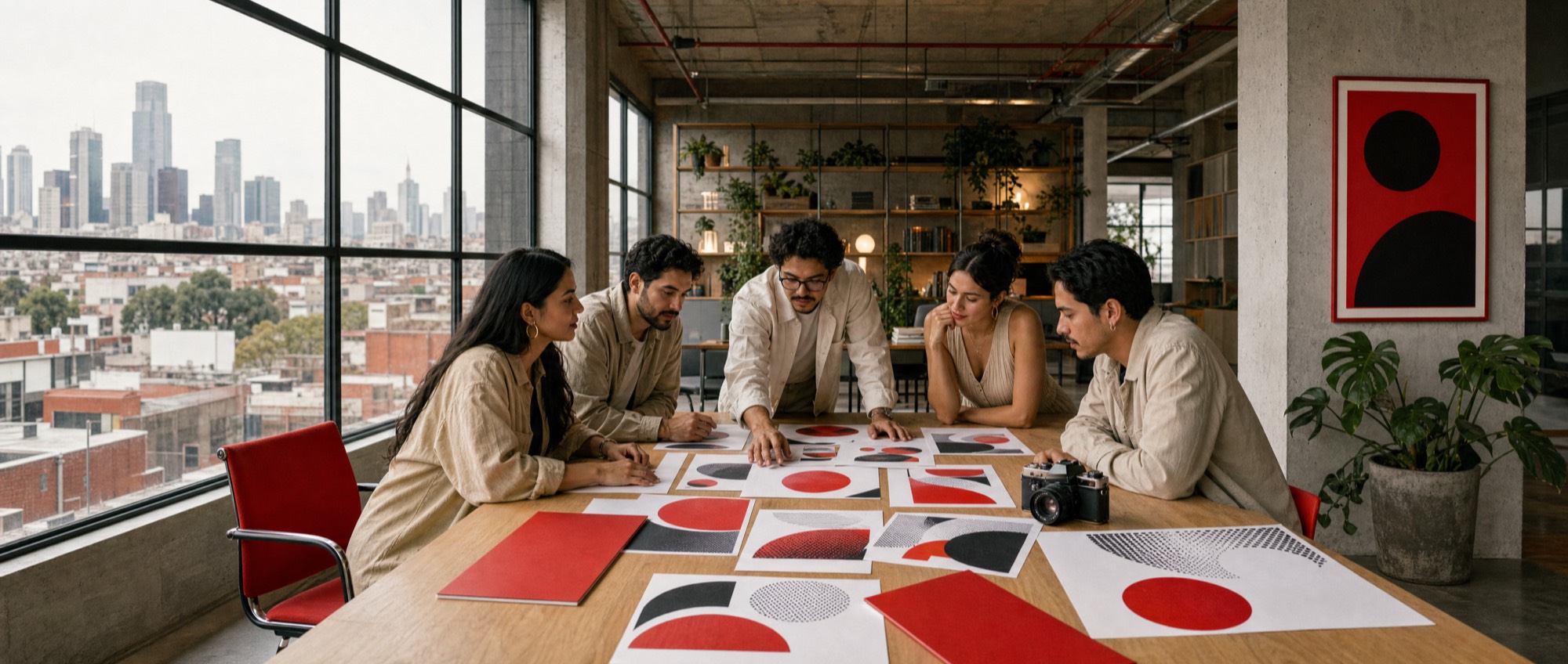 Vista panorámica del estudio de SOCITAM: el equipo trabaja sobre pruebas impresas en una mesa larga.