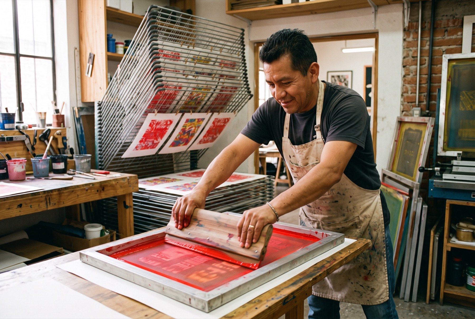 Operador de serigrafía desliza el rasero con tinta roja sobre un bastidor.