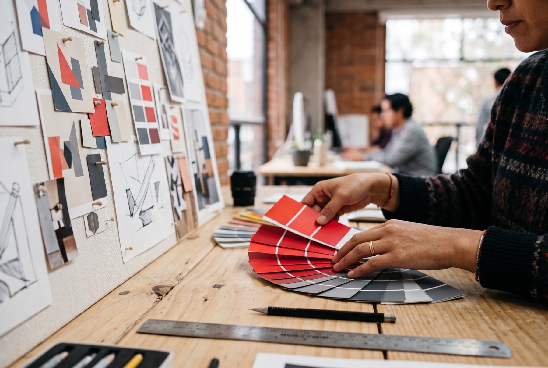 Manos de una diseñadora ordenan muestrarios de color rojos junto a un moodboard.
