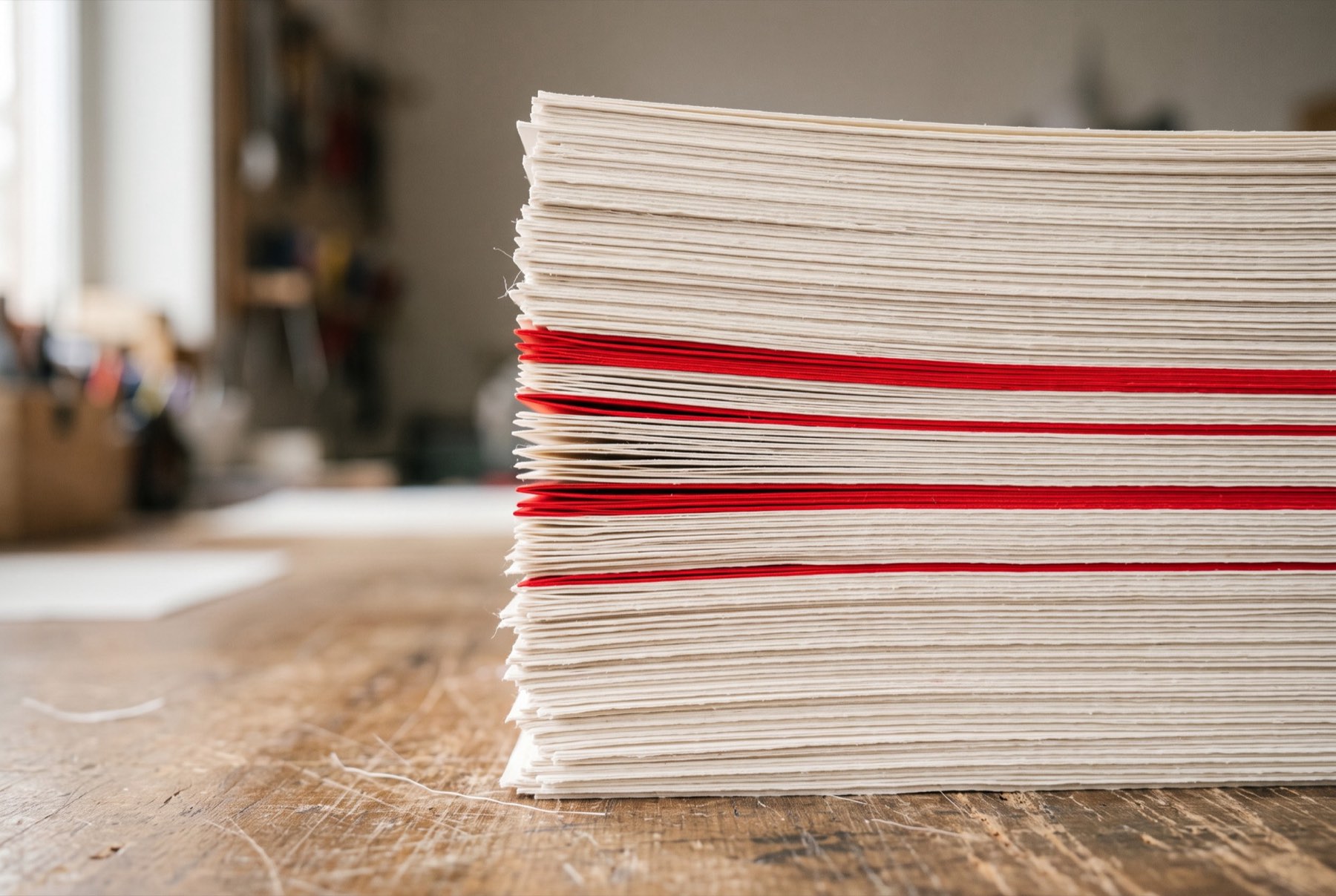 Pila de pliegos recién impresos con hojas rojas intercaladas entre el papel blanco.