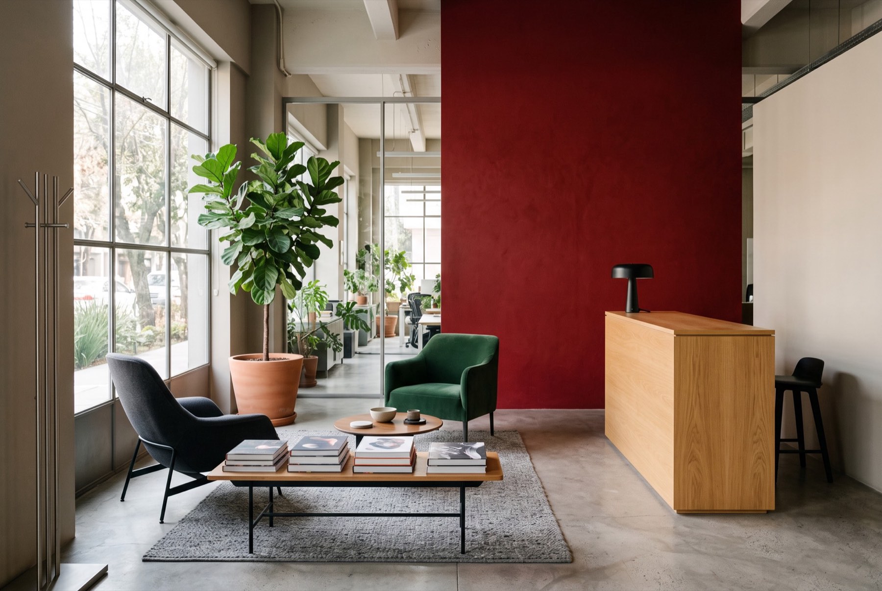 Recepción del estudio de SOCITAM con un muro rojo, mostrador de madera y sillones.